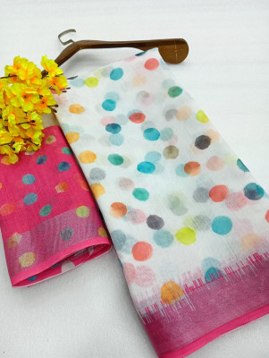 HouseOfCommon Printed Kanjivaram Linen, Cotton Linen Saree(White, Pink)
