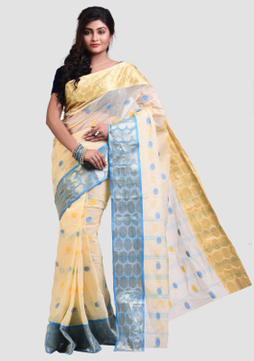 Mystory Printed Tant Pure Cotton Saree(Blue, Beige, Yellow)
