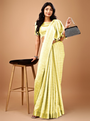 HAANIBA Checkered Daily Wear Handloom Linen Saree(Yellow)