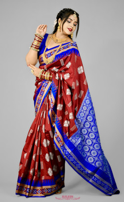 Sijileen Temple Border, Woven Sambalpuri Art Silk Saree(Maroon)