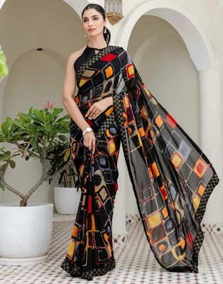 Kanooda Prints Printed Bollywood Georgette Saree(Black)