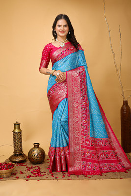 yanish Digital Print, Woven Kalamkari Art Silk Saree(Light Blue, Pink)