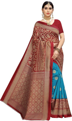 HouseOfCommon Woven Kalamkari Cotton Blend Saree(Dark Green, Maroon)