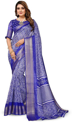 Moda Rapido Printed Bandhani Cotton Blend Saree(Blue)