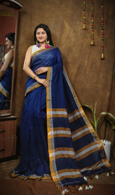 Anidipta collection Self Design Handloom Pure Cotton Saree(Dark Blue)