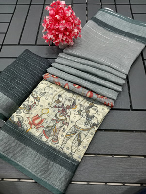 Saaransh Floral Print Kanjivaram Linen, Cotton Silk Saree(Grey)