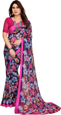 Moda Rapido Embellished, Floral Print Bollywood Georgette, Satin Saree(Dark Blue, Pink)