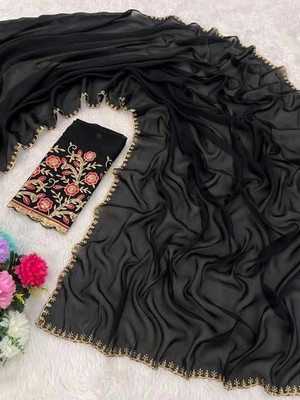 JIVI CLOTHING Solid/Plain Bollywood Chiffon Saree(Black)