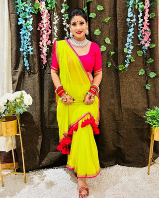 Jinal & Jinal Solid/Plain Bollywood Georgette Saree(Light Green)
