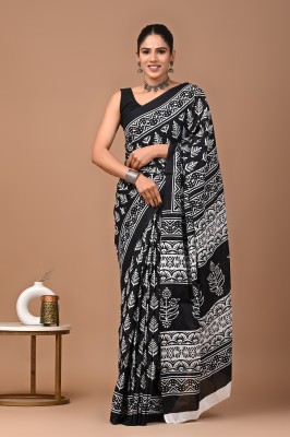 Tetarwal Printed Daily Wear Pure Cotton Saree(Black)