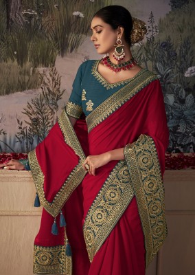 Eeza Embellished, Embroidered Bollywood Silk Blend Saree(Red)