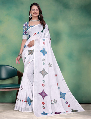 Gajal Printed, Woven Kanjivaram Pure Cotton, Cotton Linen Saree(White)