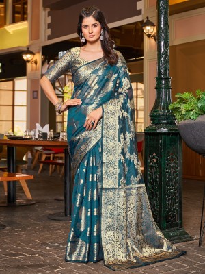 Sareemall Woven Banarasi Organza Saree(Blue)