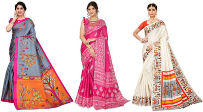 ANIRAV Woven Bollywood Art Silk Saree(Pack of 3, Grey, Pink, Cream)