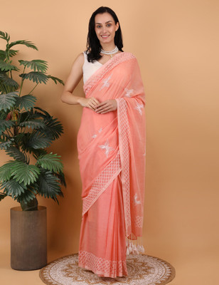 SHWET Embroidered Lucknow Chikankari Mulmul Saree(Orange)