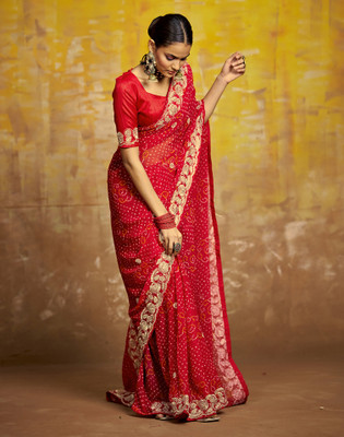 Satrani Embroidered Bandhani Georgette Saree(Red)