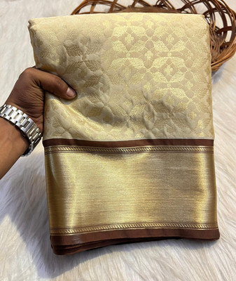 STAR SILK Woven Banarasi Silk Blend Saree(Cream)