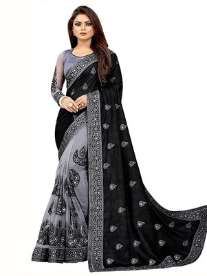 Samai Embroidered Saree with Attached Blouse Net Saree(Black)