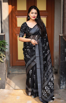 STAVA CREATION Printed Bollywood Linen Saree(Black)