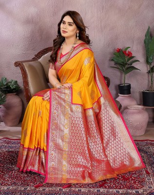 YASHIKA Printed Kanjivaram Cotton Silk, Jacquard Saree(Red, Yellow)