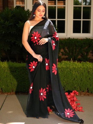 SMRITI BOUTIQUE Printed Handloom Handloom Pure Cotton Saree(Black)