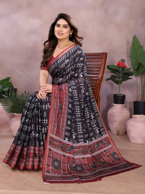 Soor Panchi Printed Bollywood Cotton Silk Saree(Black)