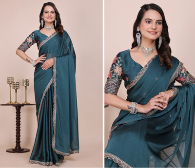 K 5 FASHION Embroidered, Solid/Plain Bollywood Chiffon Saree(Light Blue)
