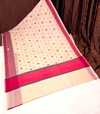 HouseOfCommon Printed Handloom Cotton Blend Saree(Beige, Red)