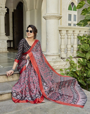 YASHIKA Printed Daily Wear Tussar Silk Saree(Black, Red)