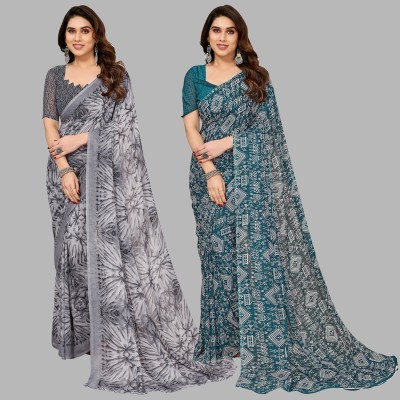 Anand Sarees Printed Daily Wear Georgette Saree(Pack of 2, Grey, Green)