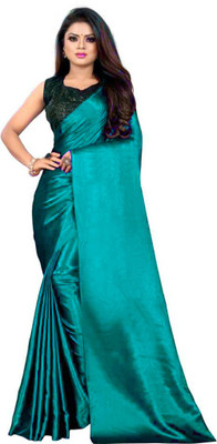 HouseOfCommon Solid/Plain Bollywood Satin Saree(Light Blue)