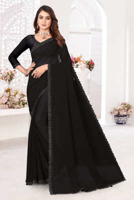 BATHANI CREATION Solid/Plain Bollywood Georgette Saree(Black)