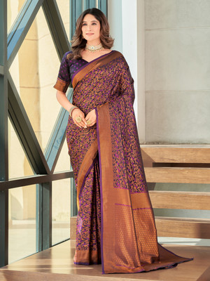 Sariya Woven Banarasi Satin, Jacquard Saree(Purple, Brown)