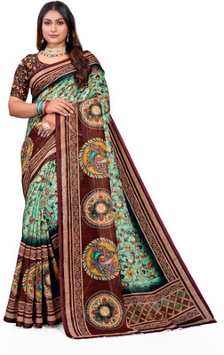 kiyan enterprise Printed, Animal Print, Graphic Print, Embellished Daily Wear Linen, Cotton Linen Saree(Green)