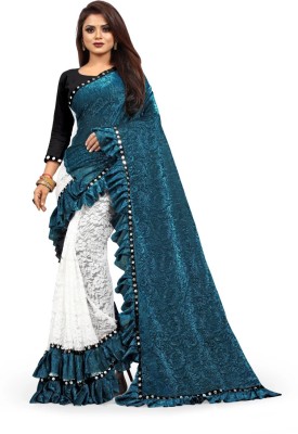 Femiro Fab Solid/Plain, Floral Print, Color Block, Temple Border, Woven Daily Wear Lycra Blend, Net Saree(Light Blue)