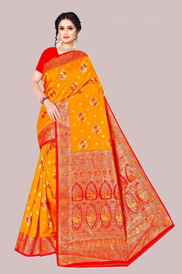 Radharani fusion Woven Banarasi Art Silk Saree(Yellow, Red)