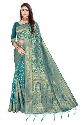 ALMEDA Embellished Kanjivaram Silk Blend Saree(Green)