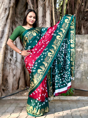 S.R.TEXTILES Printed Bandhani Art Silk Saree(Green, Maroon)