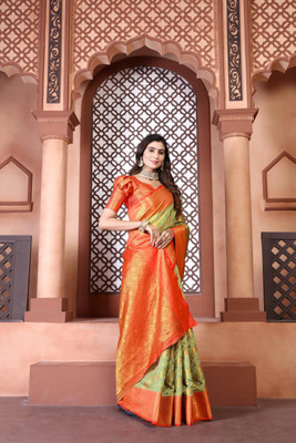 LAVYANSH CREATION Printed Banarasi Silk Blend, Jacquard Saree(Pack of 2, Light Green, Orange)