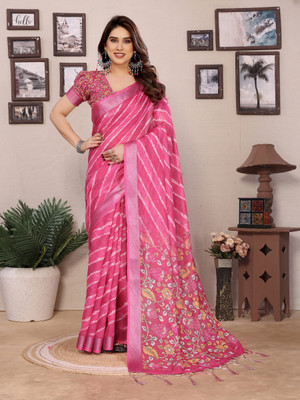 SBS ENTERPRISES Floral Print, Striped Leheria Cotton Linen Saree(Pink)