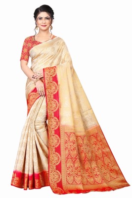 KNETLI Woven Banarasi Cotton Silk Saree(Cream)