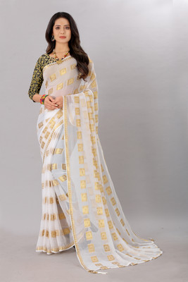 Aardiva Woven Bollywood Chiffon Saree(White)