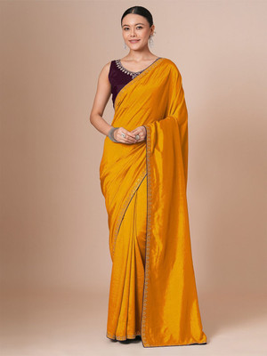 House of Pataudi Solid/Plain Daily Wear Silk Blend Saree(Yellow)