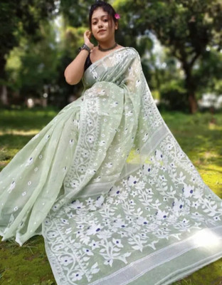 PREOSY Embroidered Jamdani Cotton Blend Saree(Green)
