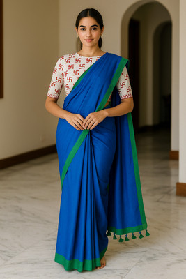 SMRITI HANDLOOM Solid/Plain Bollywood Handloom Pure Cotton Saree(Blue, Green, White)