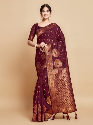 ishika fab Woven Kanjivaram Linen Saree(Maroon)