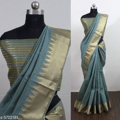 PRIYESHA TEXTILES Temple Border Assam Silk Cotton Blend Saree(Dark Green)