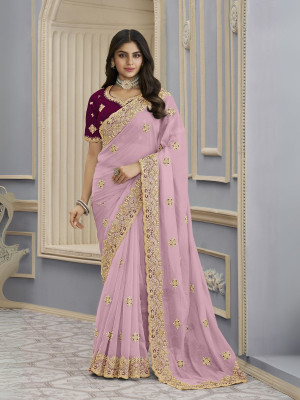 odette Embellished Saree with Attached Blouse Georgette Saree(Pack of 2, Pink)