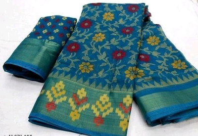 Suali Printed Patola Cotton Linen Saree(Light Blue)