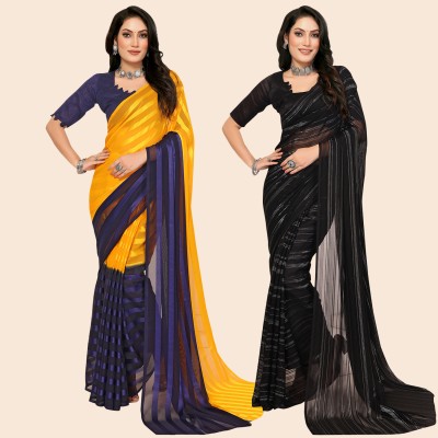 Anand Sarees Striped Bollywood Satin Saree(Pack of 2, Yellow, Blue, Black)